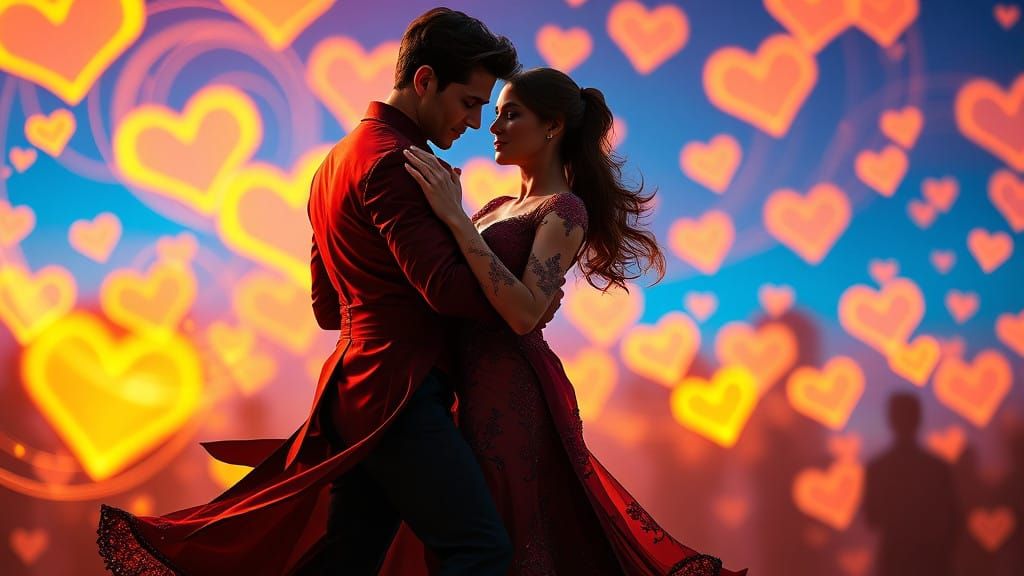 Dramatic Tango Dancers Surrounded by Golden Hearts in Hyperr...