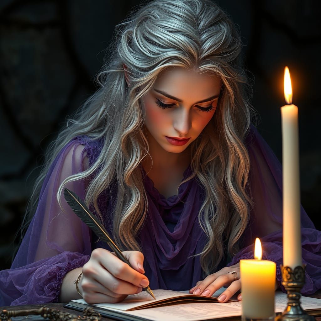 Norse Goddess Writing by Candlelight in Encaustic Wax Style