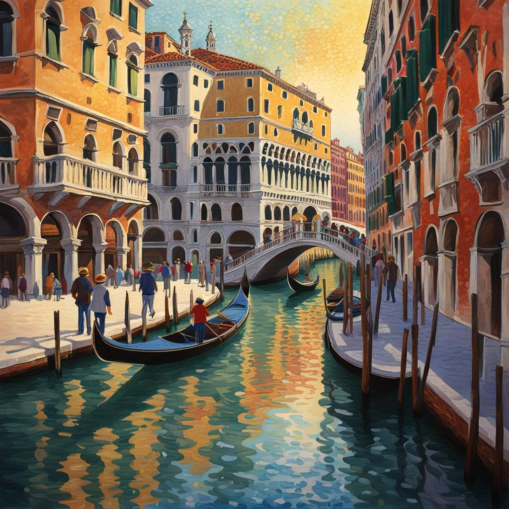 Venice Rialto Bridge in Pointillism Style