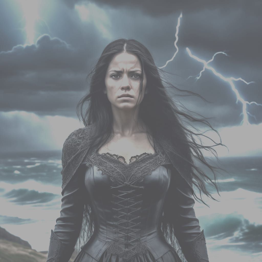 gothic woman with long black hair and black eyes, standing on a hill overlooking a dark and stormy sea. Lightning flashe...