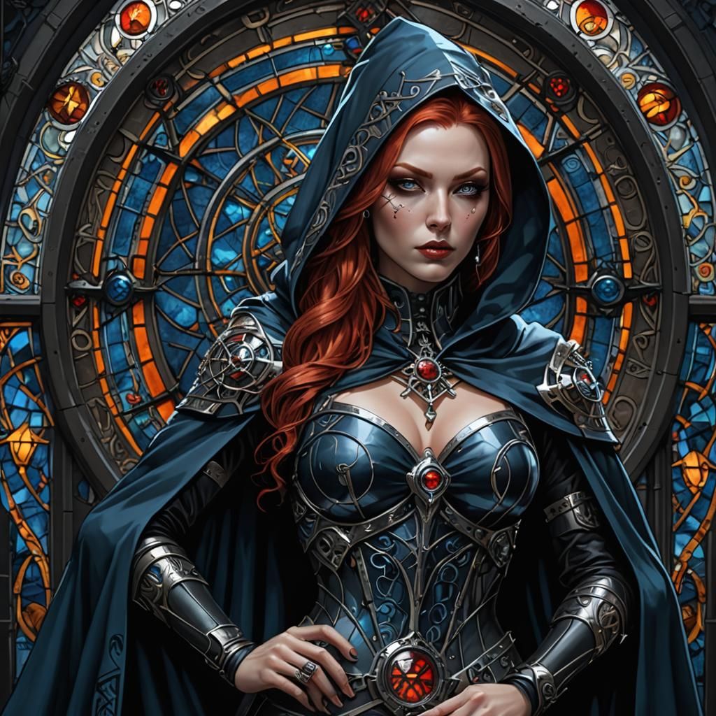 Cyborg Witch with Occult Tattoos in Cyberpunk City