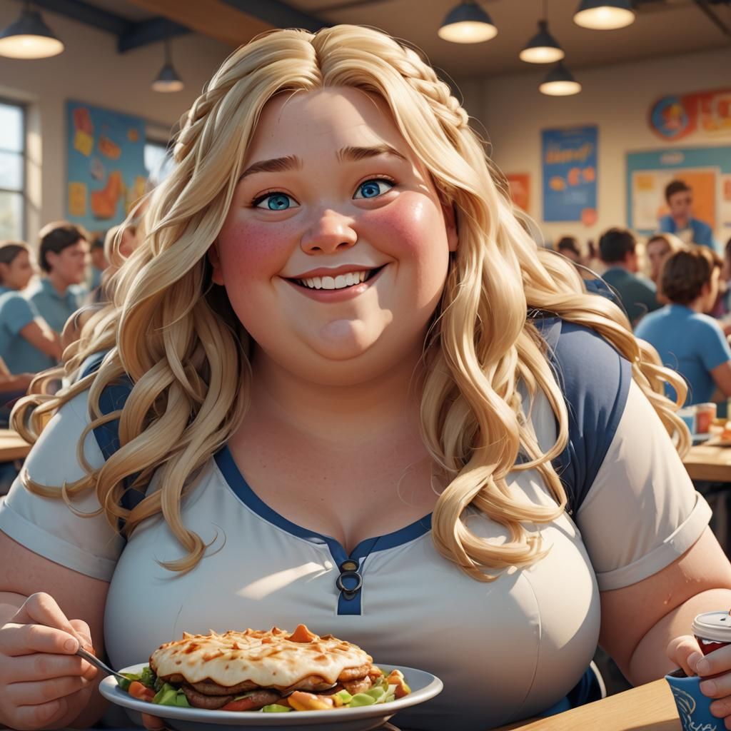 Obese Girl Eating: 3D Pixar-Style Concept Art