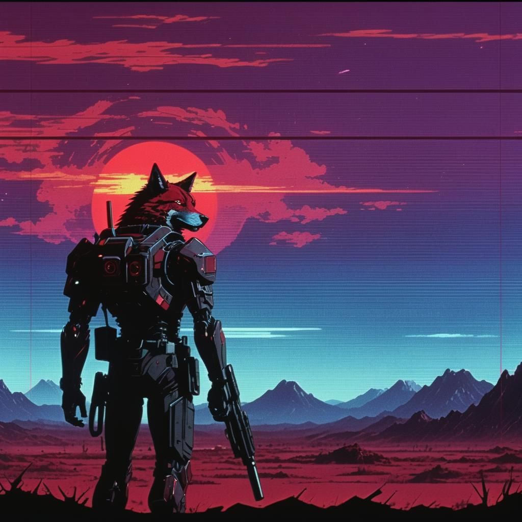 Post-Apocalyptic Cyborg Wolf in Vaporwave Anime Style