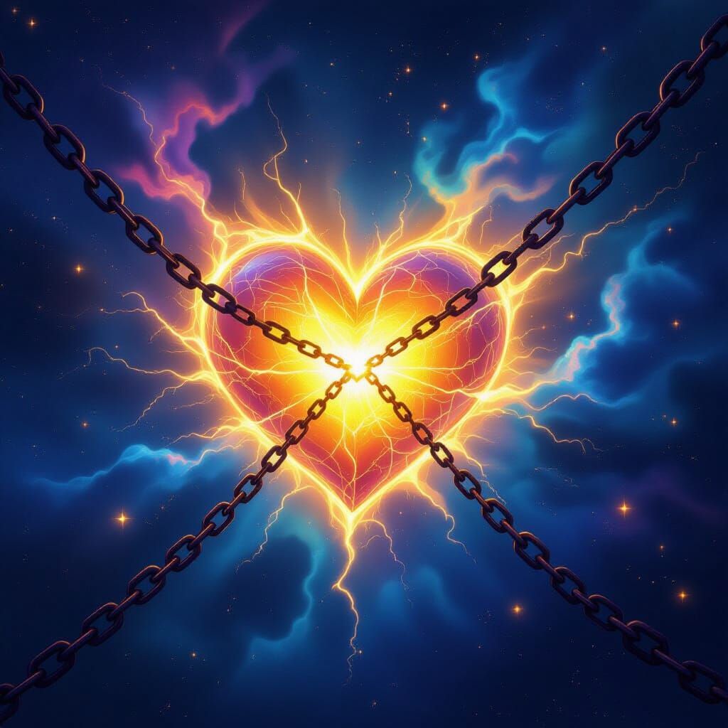 Cosmic Heart Shatters Shadow Chains with Golden Light