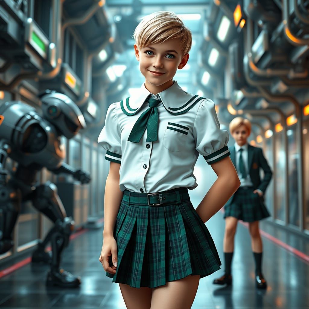 Confident Crossdresser in Futuristic Schoolgirl Uniform