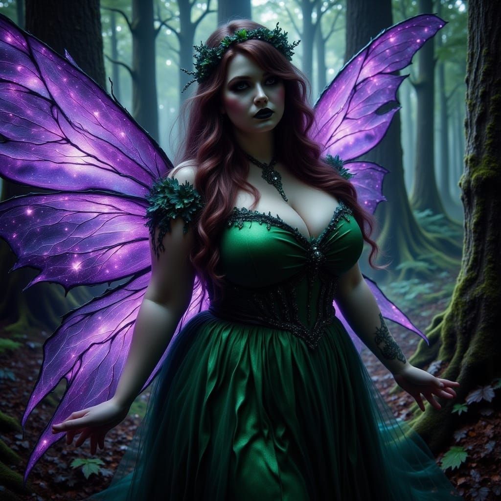 Dark Fairy in Emerald Dress in Eerie Forest