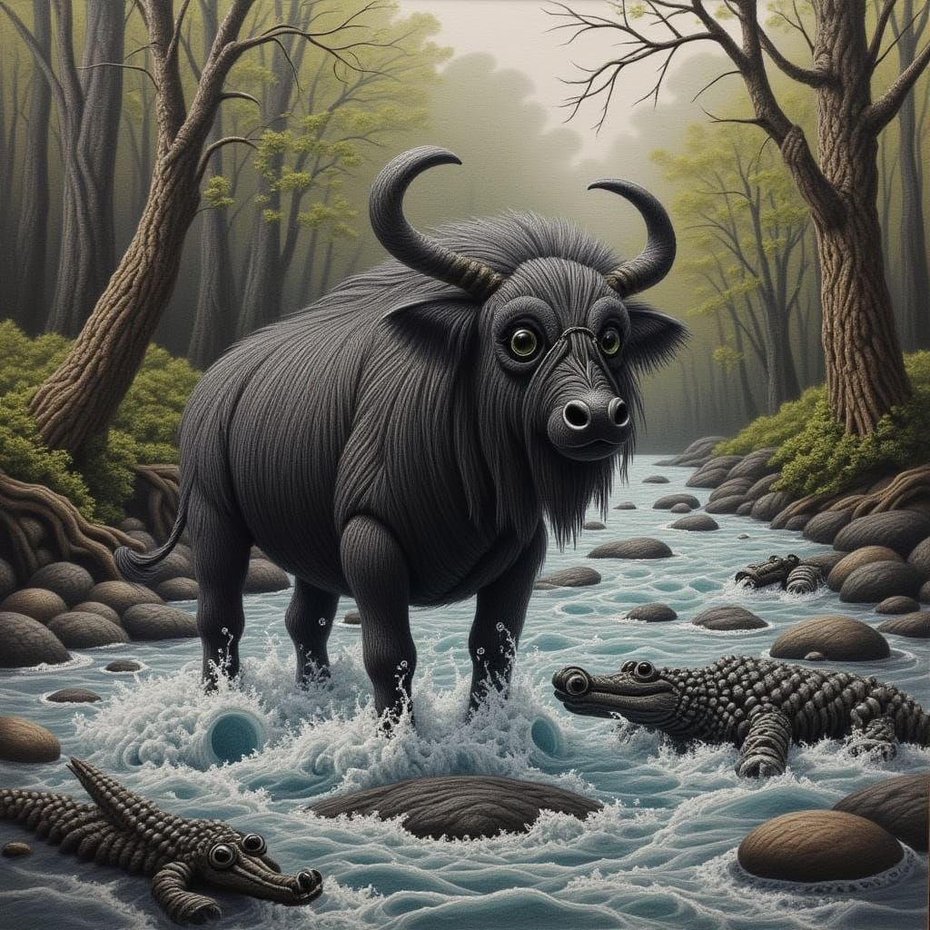 Wildebeest River Crossing in Dramatic Digital Art Style