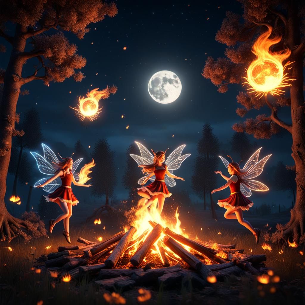 Fairies Dancing Around Bonfire in 3D Rendering