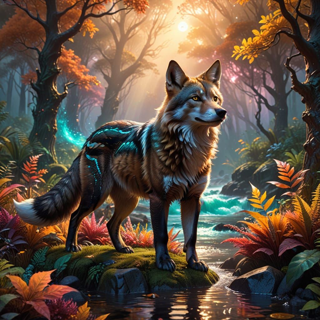 Tasmanian Wolf in Luxurious Bronze and Silver Coat with Autu...