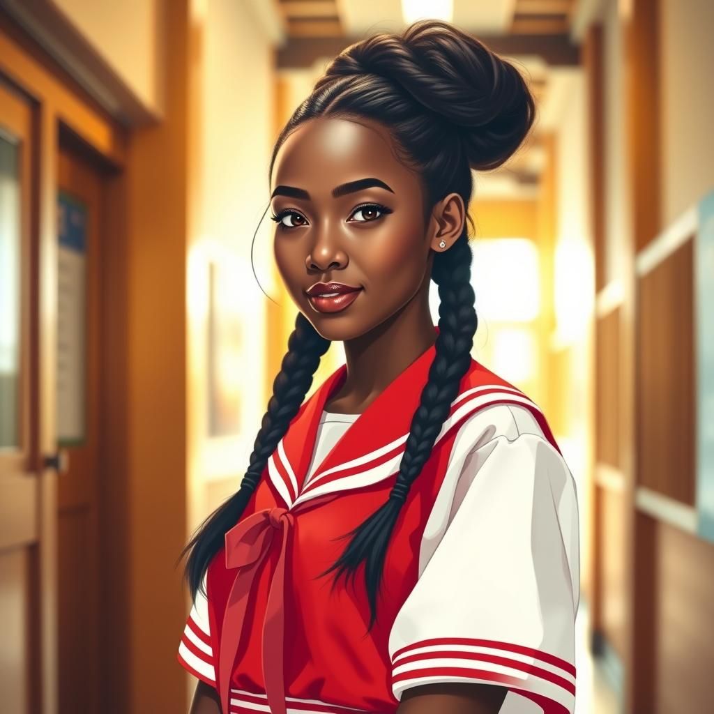Black Woman in Japanese School Uniform, Anime Style