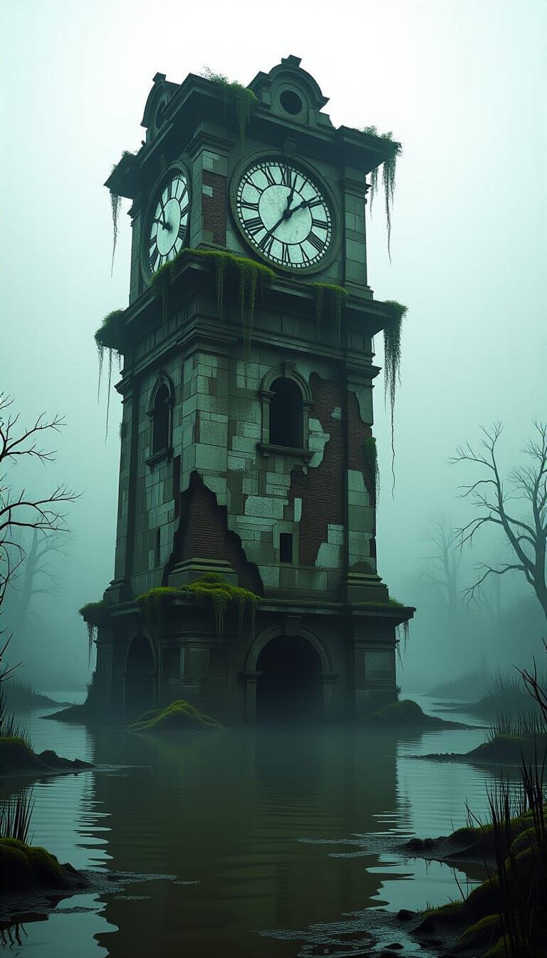 Forgotten Clock Tower in Misty Swamp Landscape