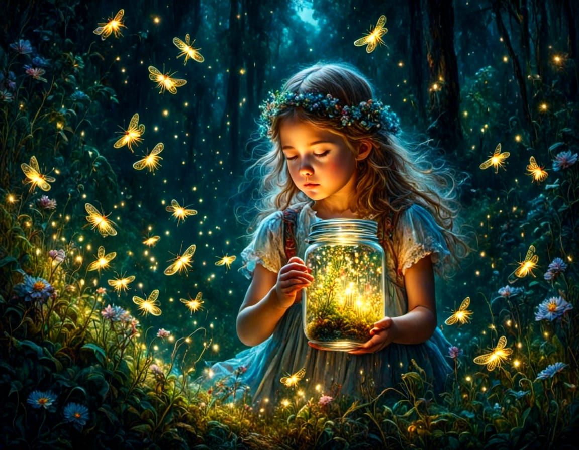 Enchanted Glade: Girl Releases Fireflies at Night
