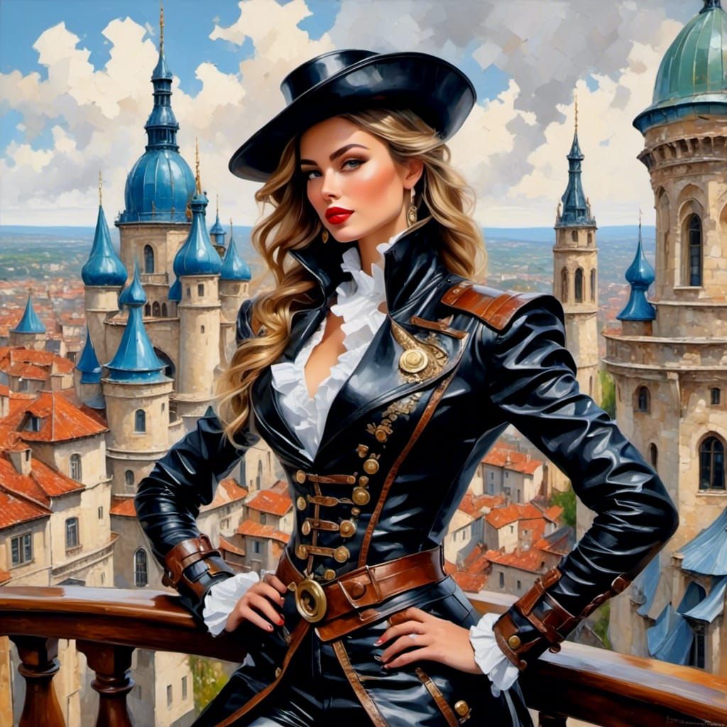 Steampunk Adventurer on Flying Dirigible as Impasto Painting