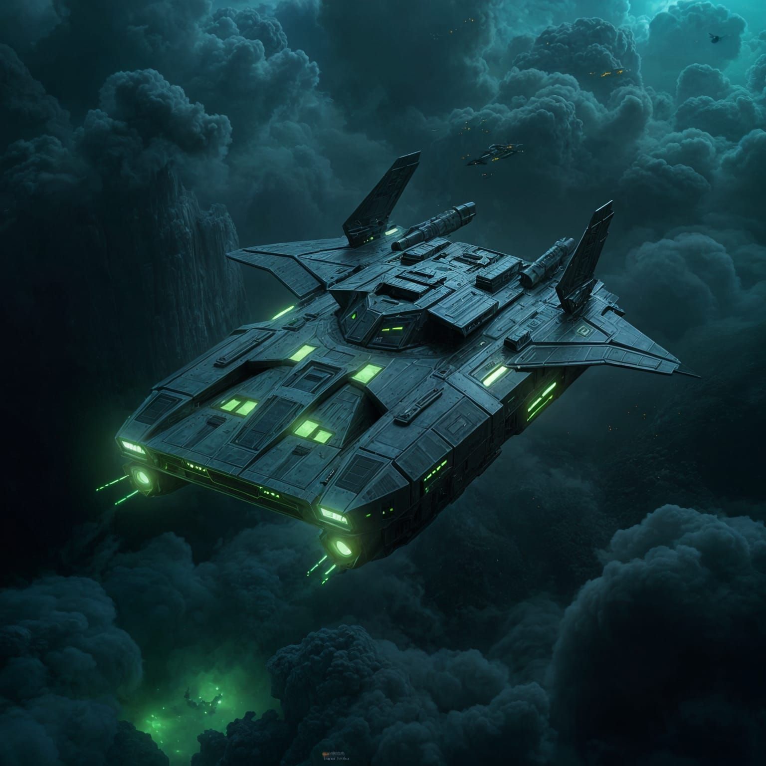 Sleek Futuristic Flying Military Tank in Neon Black and Gree...