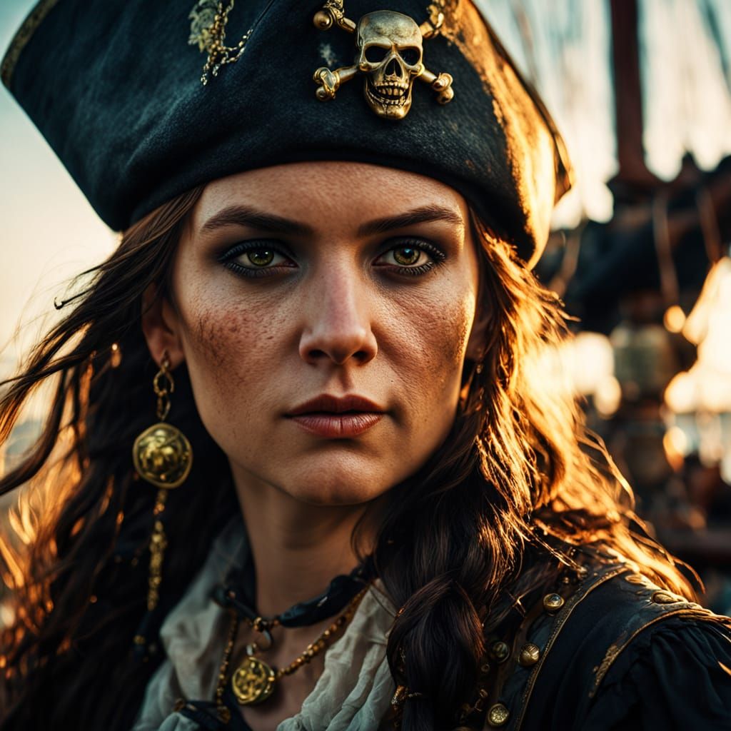 Hyperrealistic Lady Pirate Portrait in Golden Hour Lighting