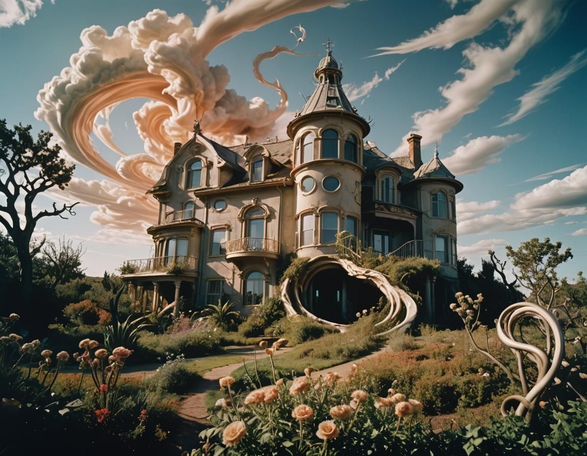 Surreal House Pulled into Vortex, Dreamlike 35mm Film
