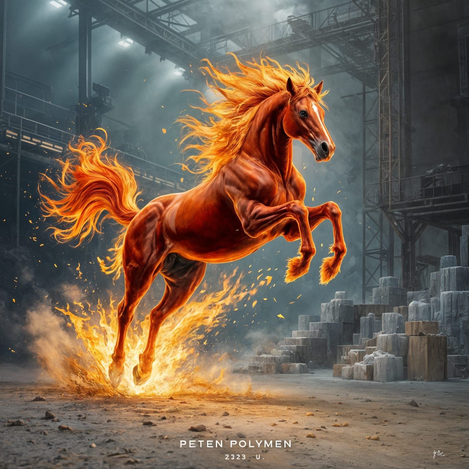 Fiery Horse Symbolizing Power in Industrial Setting