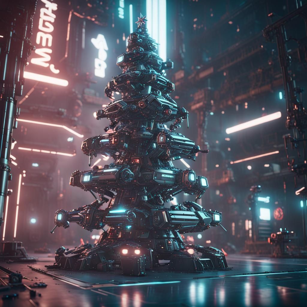 Cyberpunk Christmas Tree with Intricate Mech Details