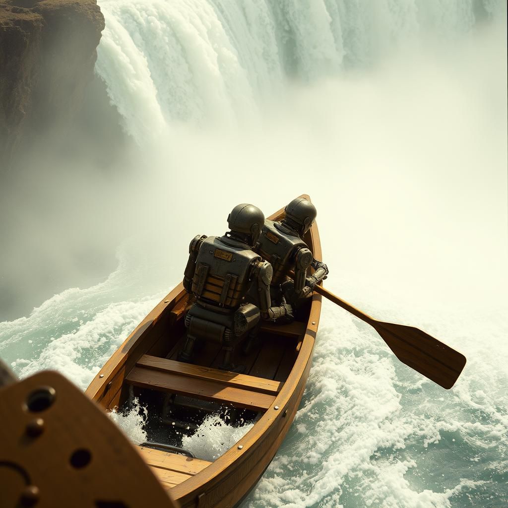 Robots' Perilous Journey by Waterfall: Cinematic Still
