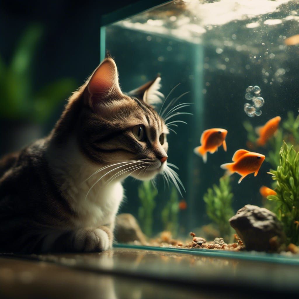 Hyperrealistic Cat Amused by Fish Tank