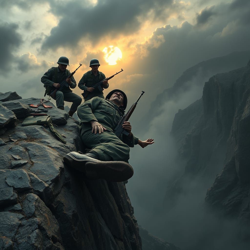 German Soldier Falls to Death in a Dramatic Cliff Scene