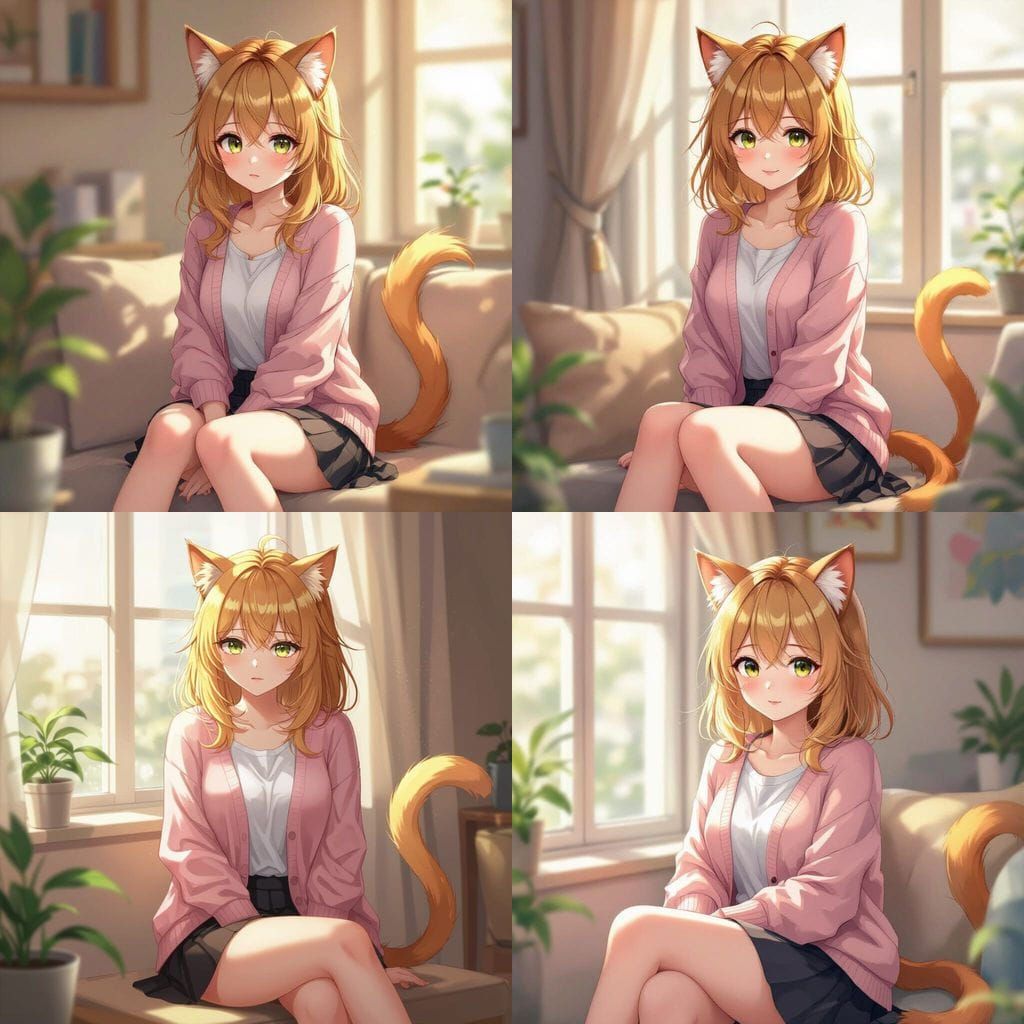 Anime Girl with Feline Features in Cozy Setting