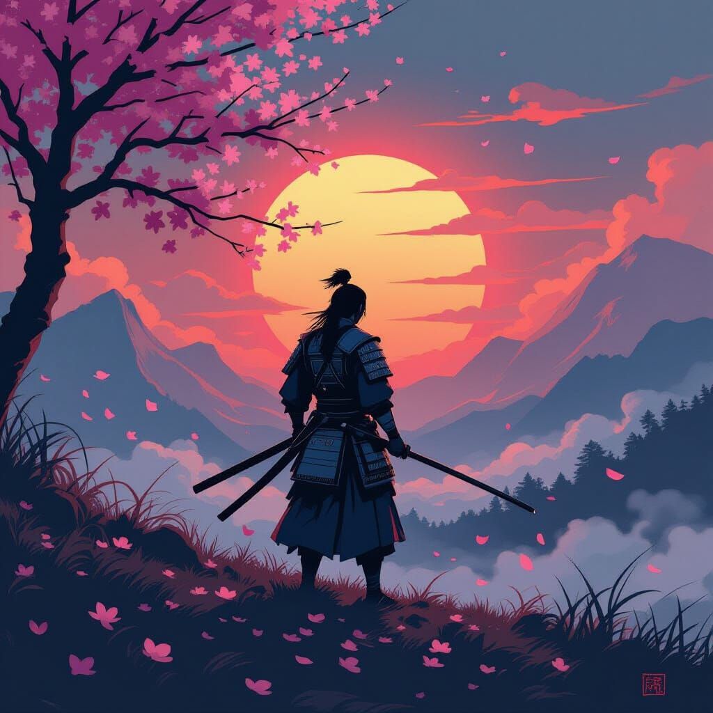 Samurai Warrior on Battlefield at Sunset