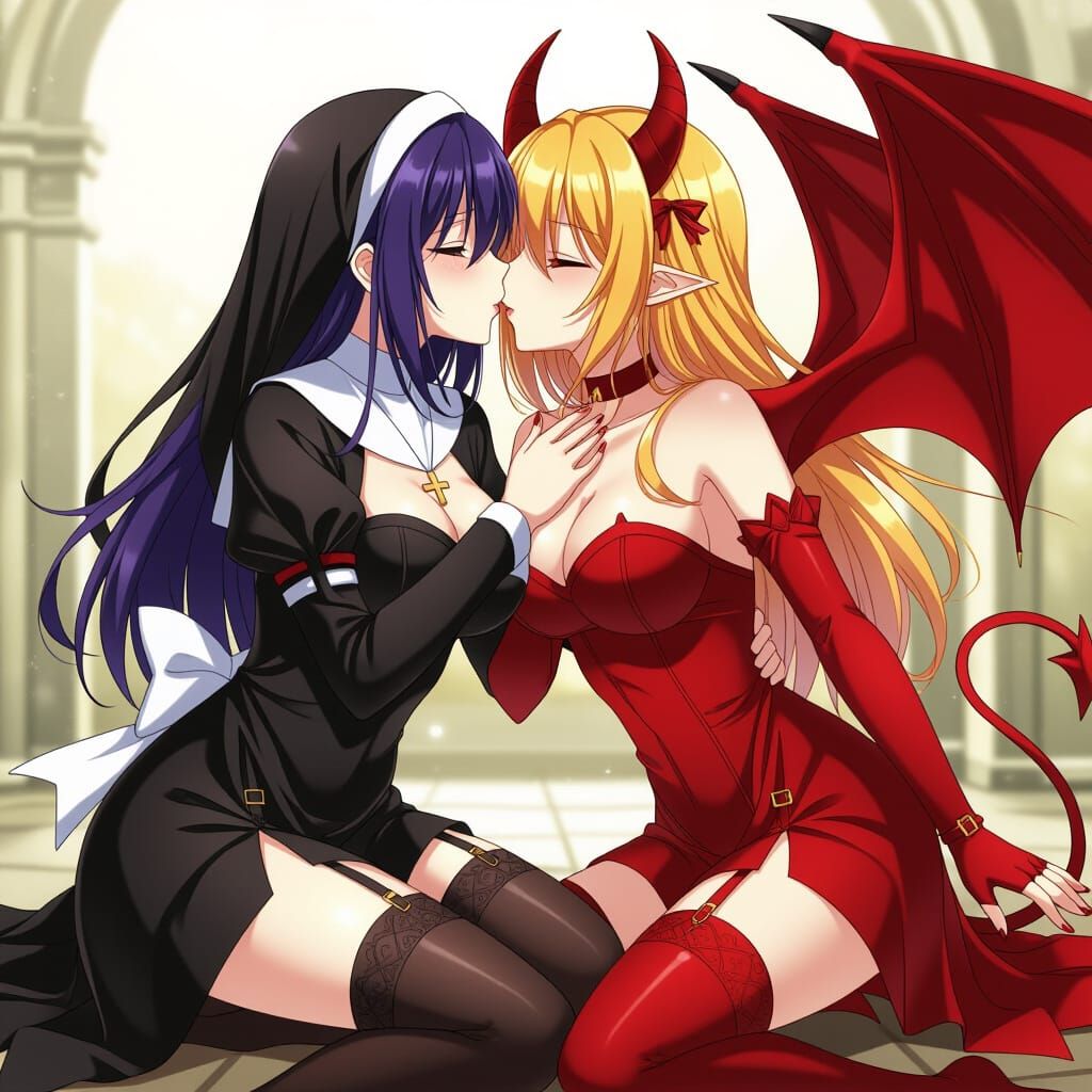 Nun and Demon Kiss in Anime Art Style