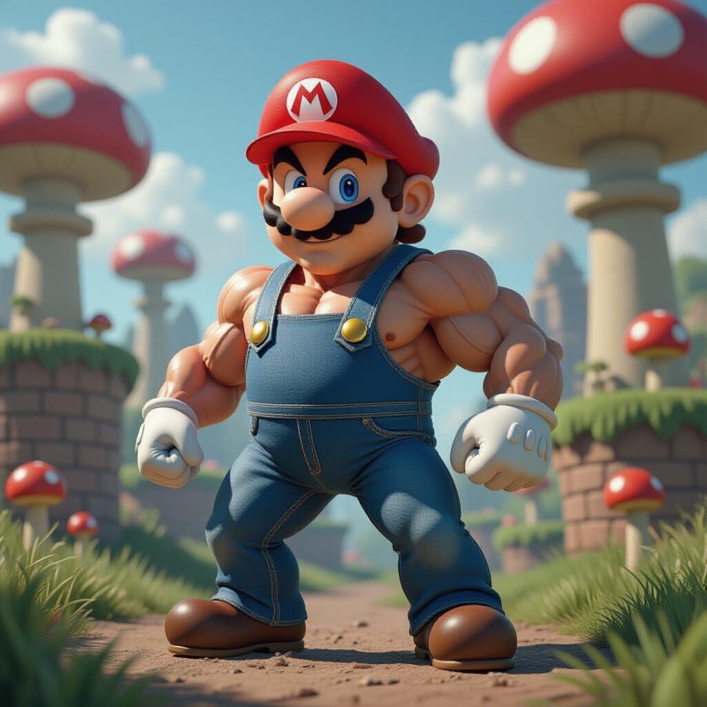 Muscular Mario Poses Heroically in Mushroom Kingdom