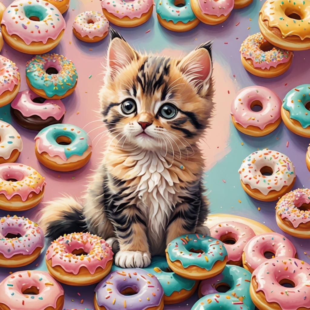 Kitten on Doughnut in Bakery: 3D Illustration