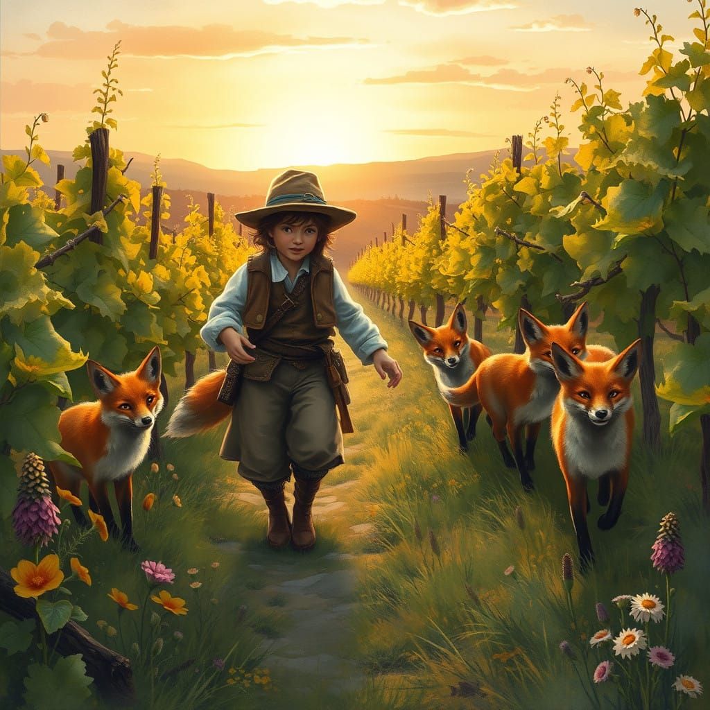 Love's Vineyard Guardians in Whimsical Sunset