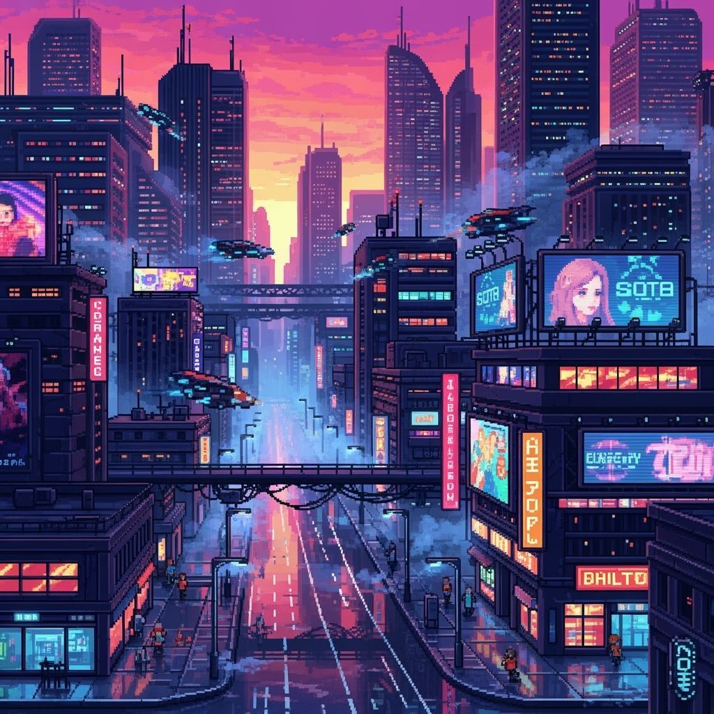 Vibrant Pixel Art Cyberpunk Metropolis at Dawn