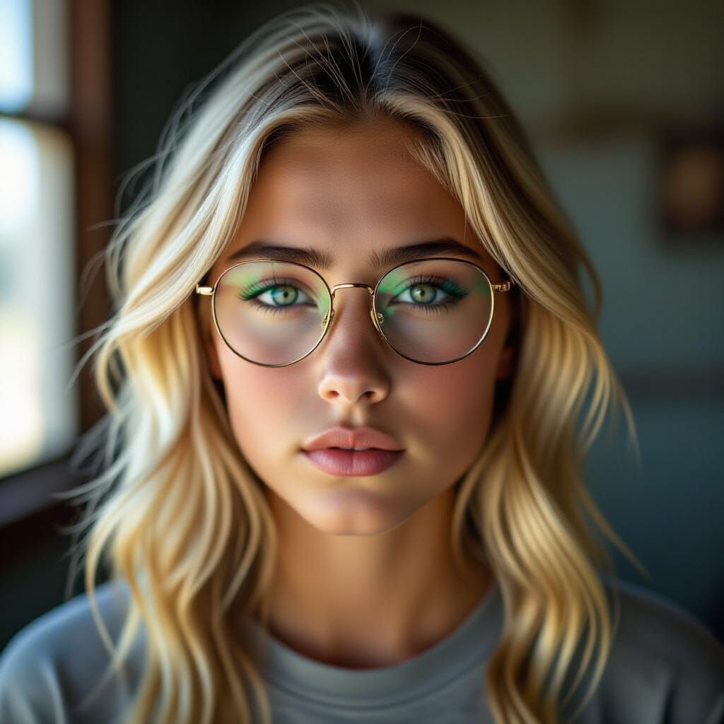 Determined Teen Girl With Blind Lens Glasses