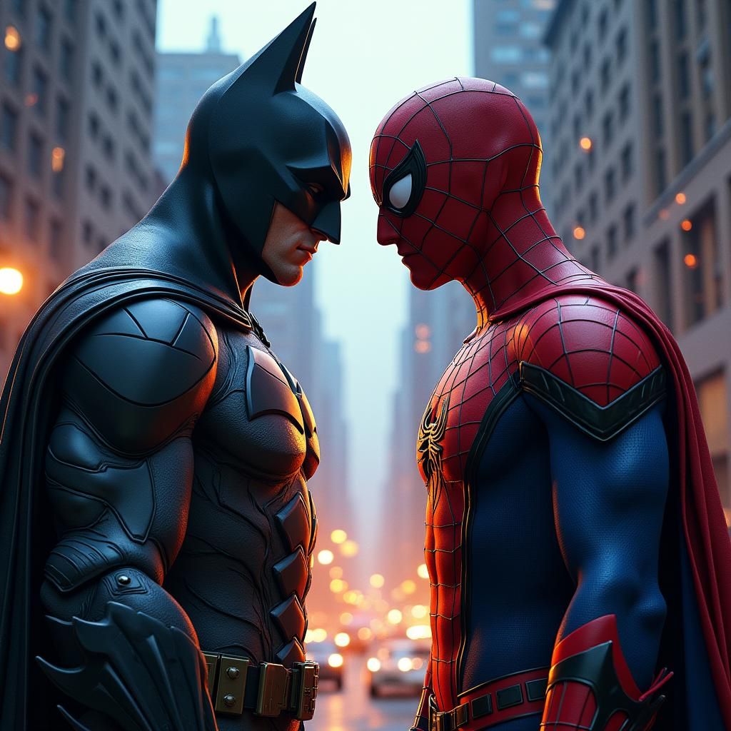 Batman vs Spiderman in Gritty Cityscape