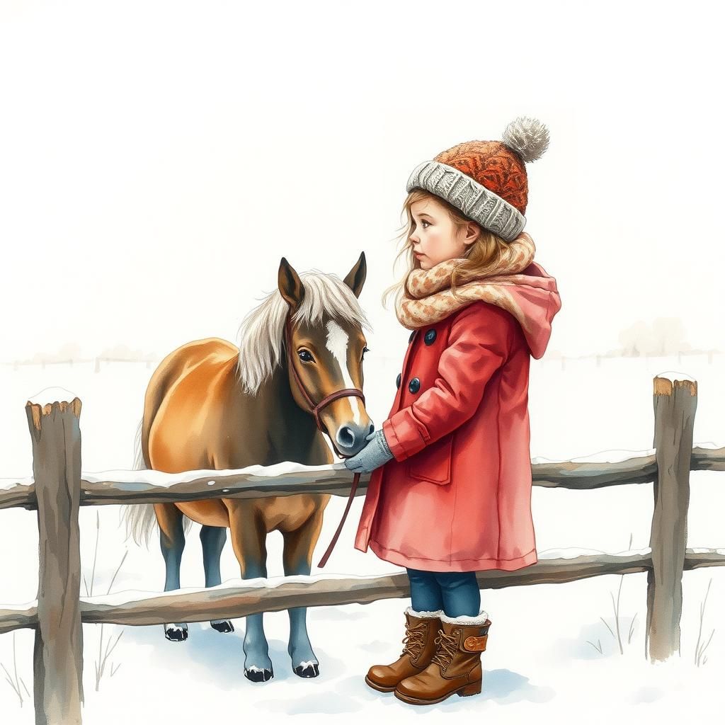 Girl and Pony in Winter Watercolor Style