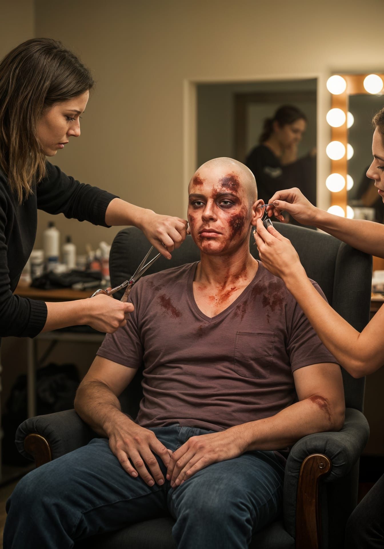 Man in Dressing Room with Makeup and Scars