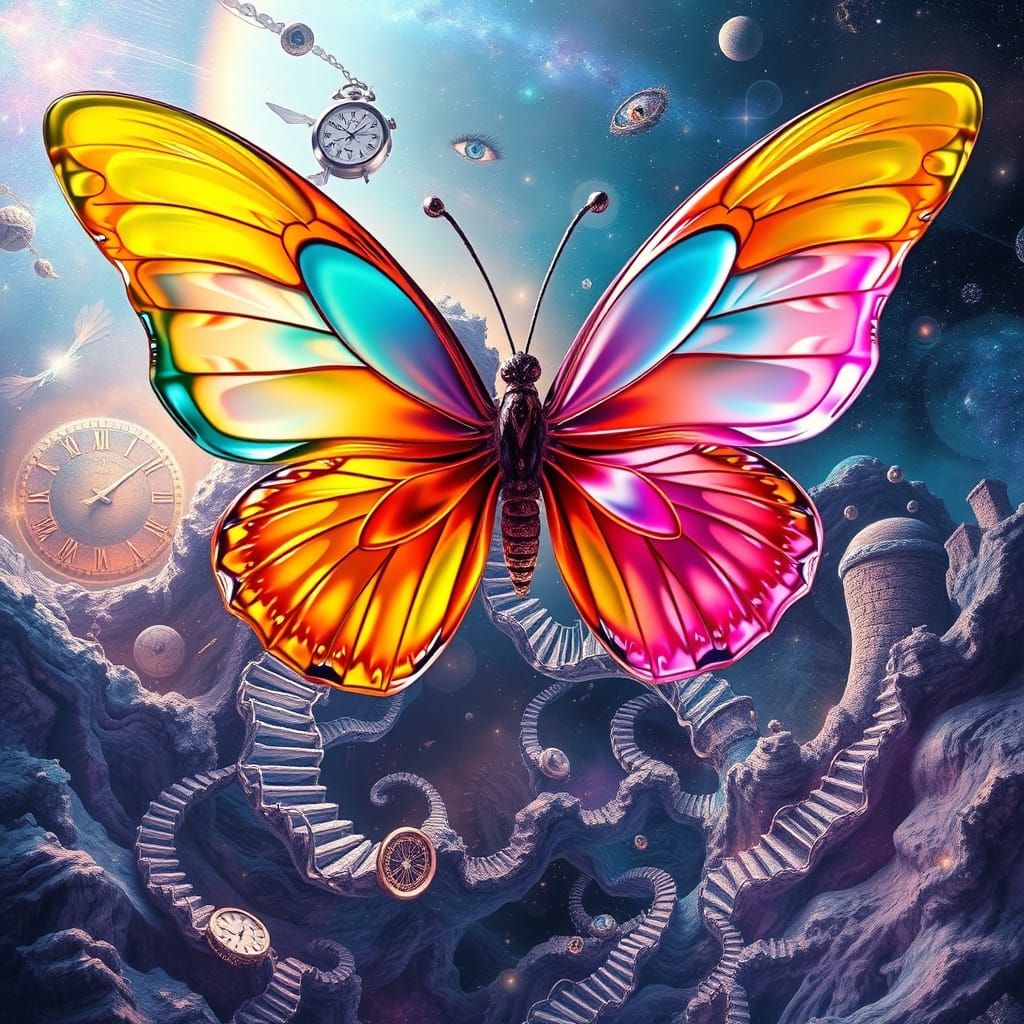 Dreamlike Liquid Glass Butterfly in a Multiverse Void