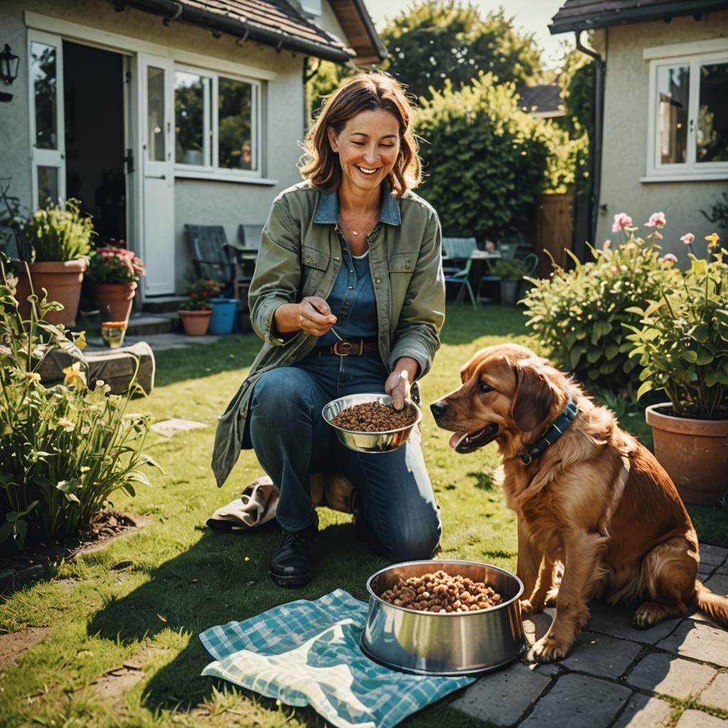 Happy Woman Serves Dog Food in Sunny Garden