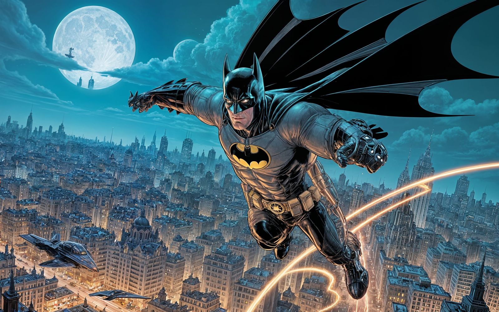 A diecast steampunk Batman soars through the air above a sprawling Gotham City, cape billowing in the wind, a determined...