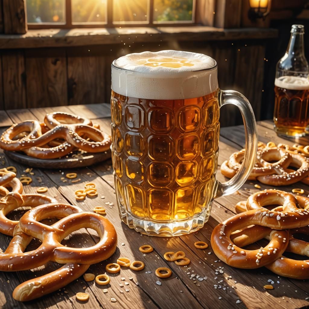 Rustic Beer Mug with Pretzels in Watercolor Style