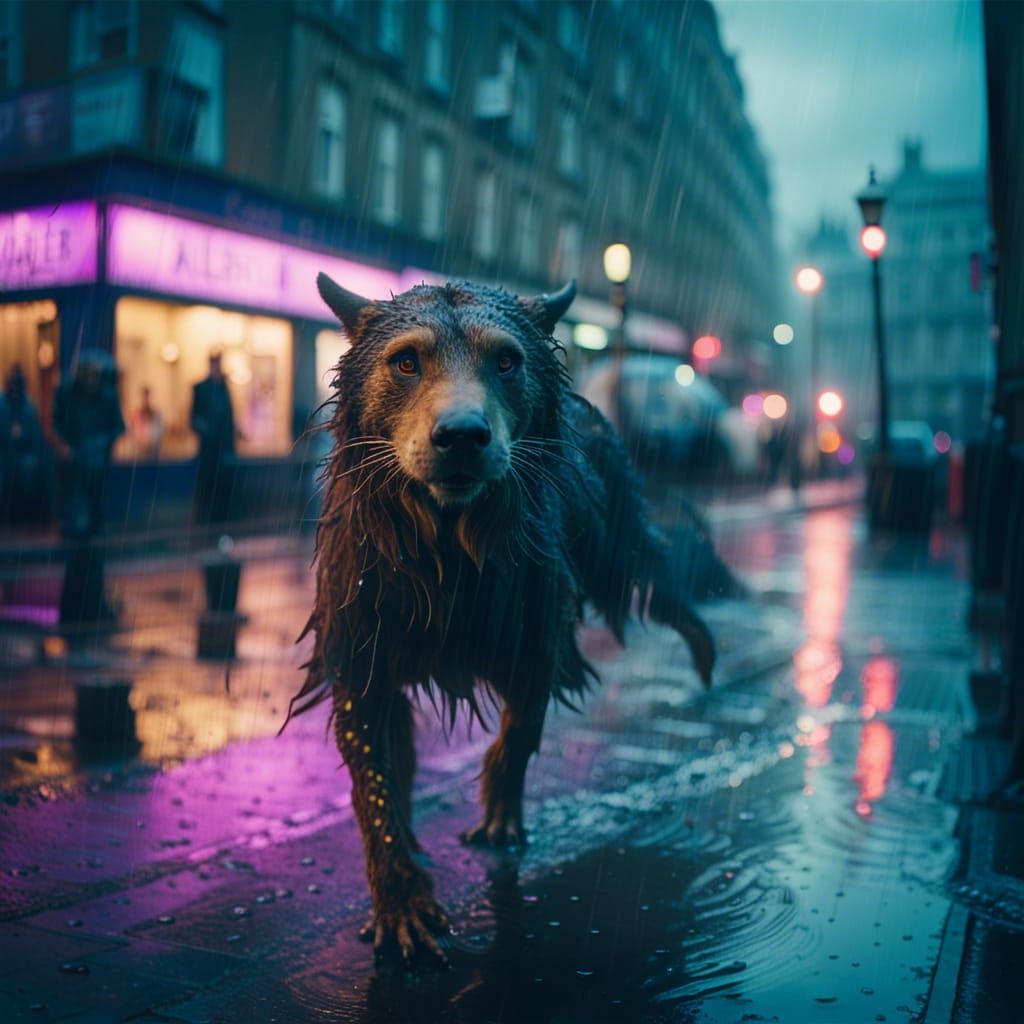 Anthro Animal Hybrids in Stormy London: Cinematic Still