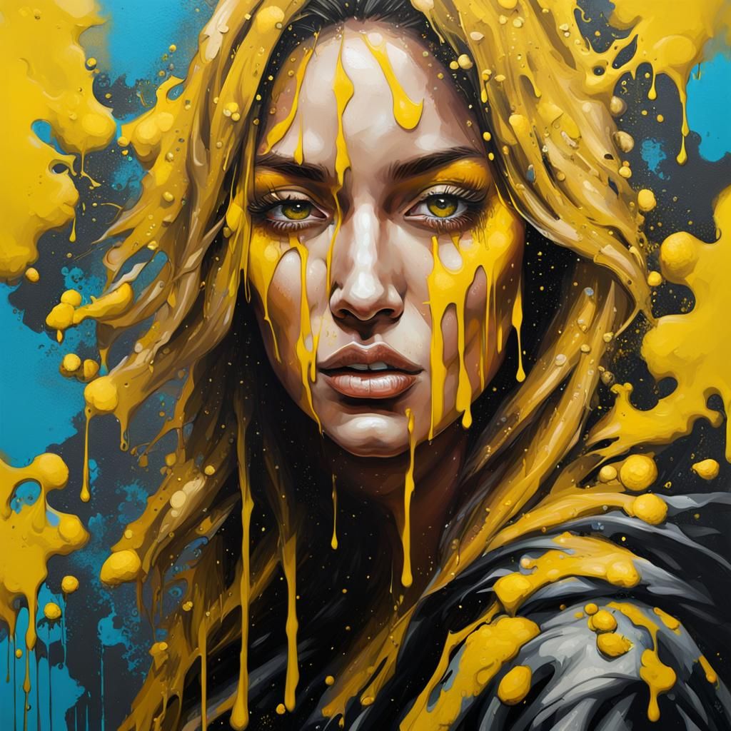 Yellow Portrait with Flowers in Graffiti Style