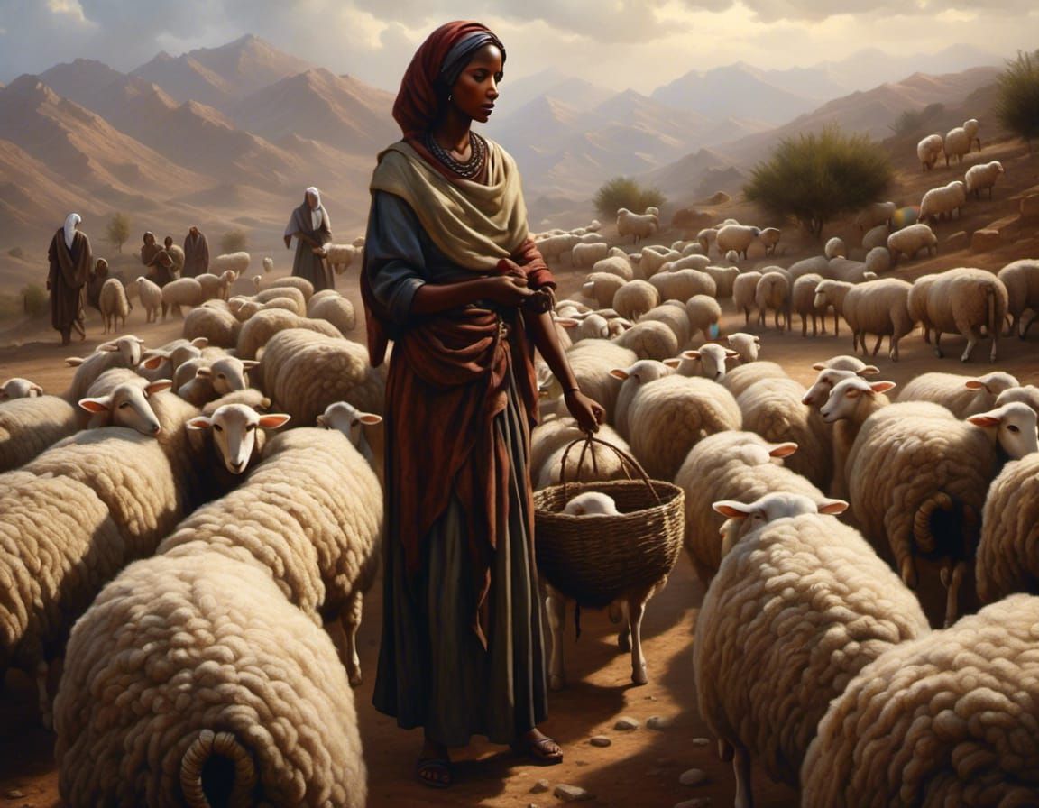 Shepherdess with Sheep in Ancient Setting