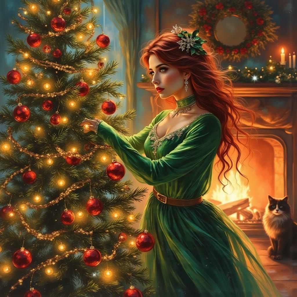 Woman Dressed as Grinch Decorating Christmas Tree