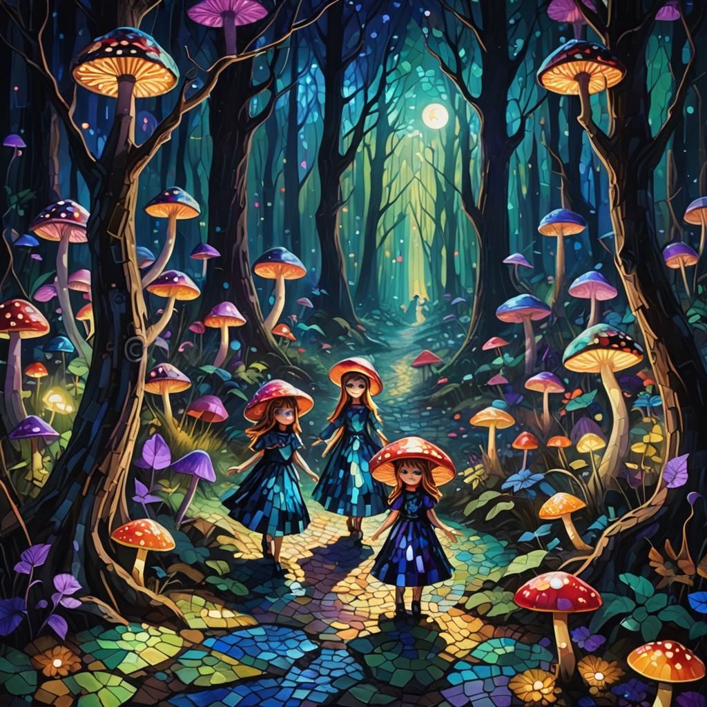 Mosaic Dolls Fleeing Dark Evil: Fantasy Art