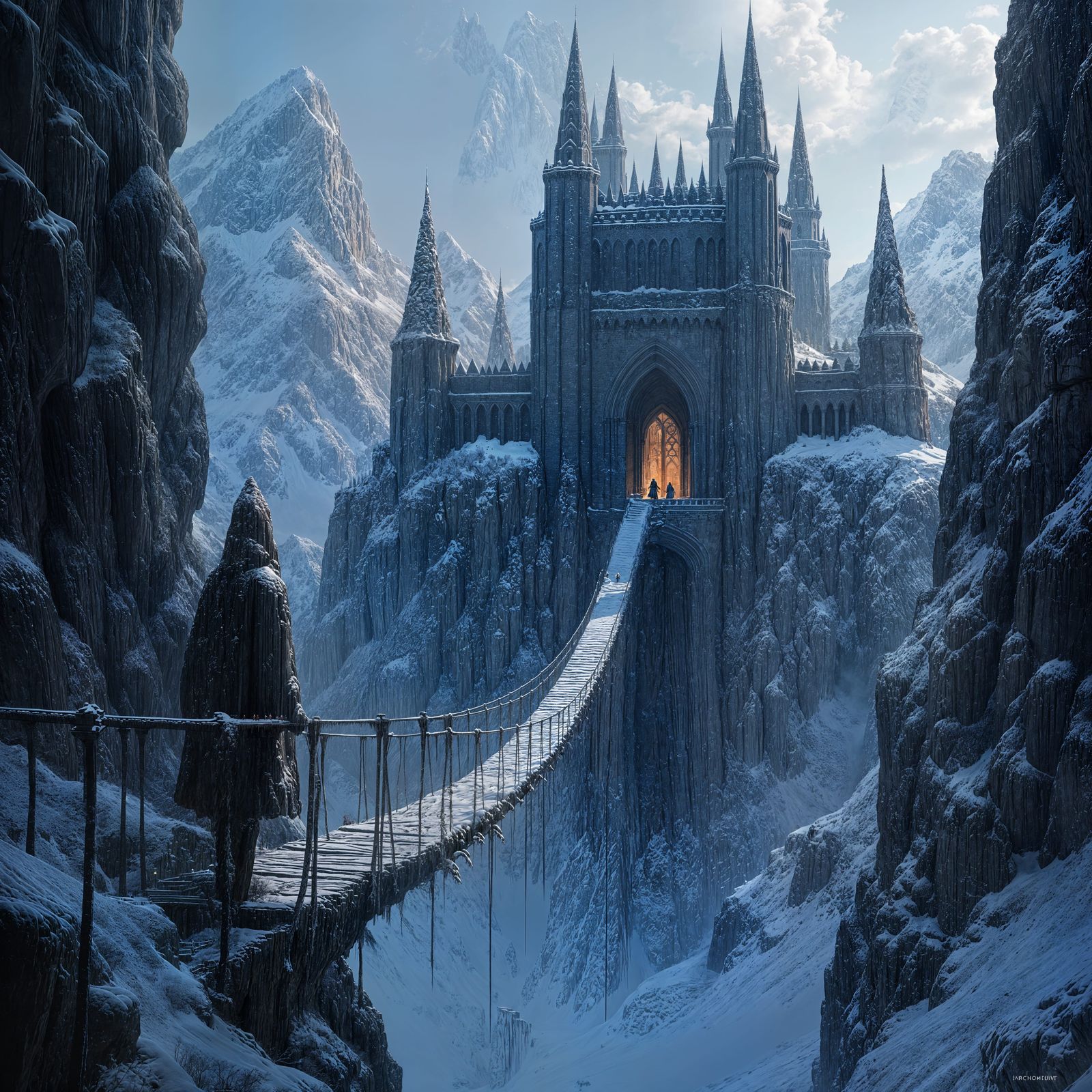 Mountain Fortress of Whispers: Dark Fantasy Illustration
