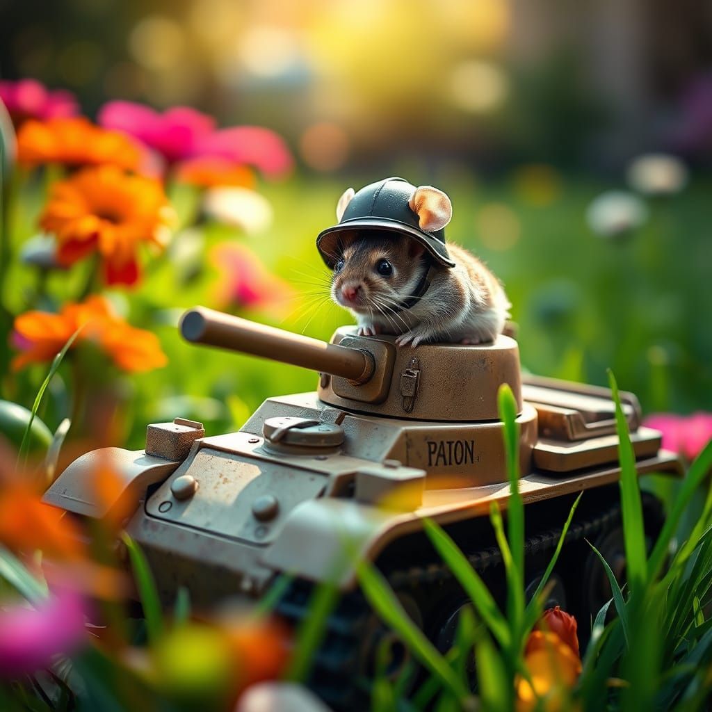 Whimsical Mouse Tank Scene in Sunny Backyard