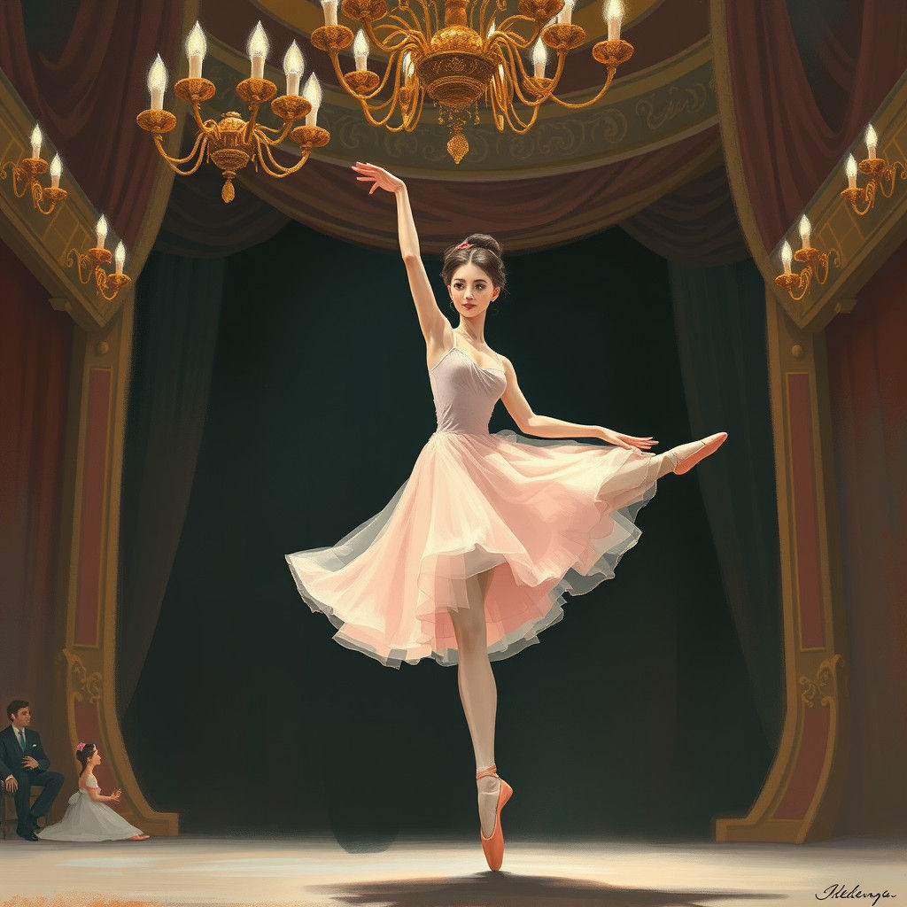 Whimsical Ballerina in Ornate Theater, Impressionistic Style