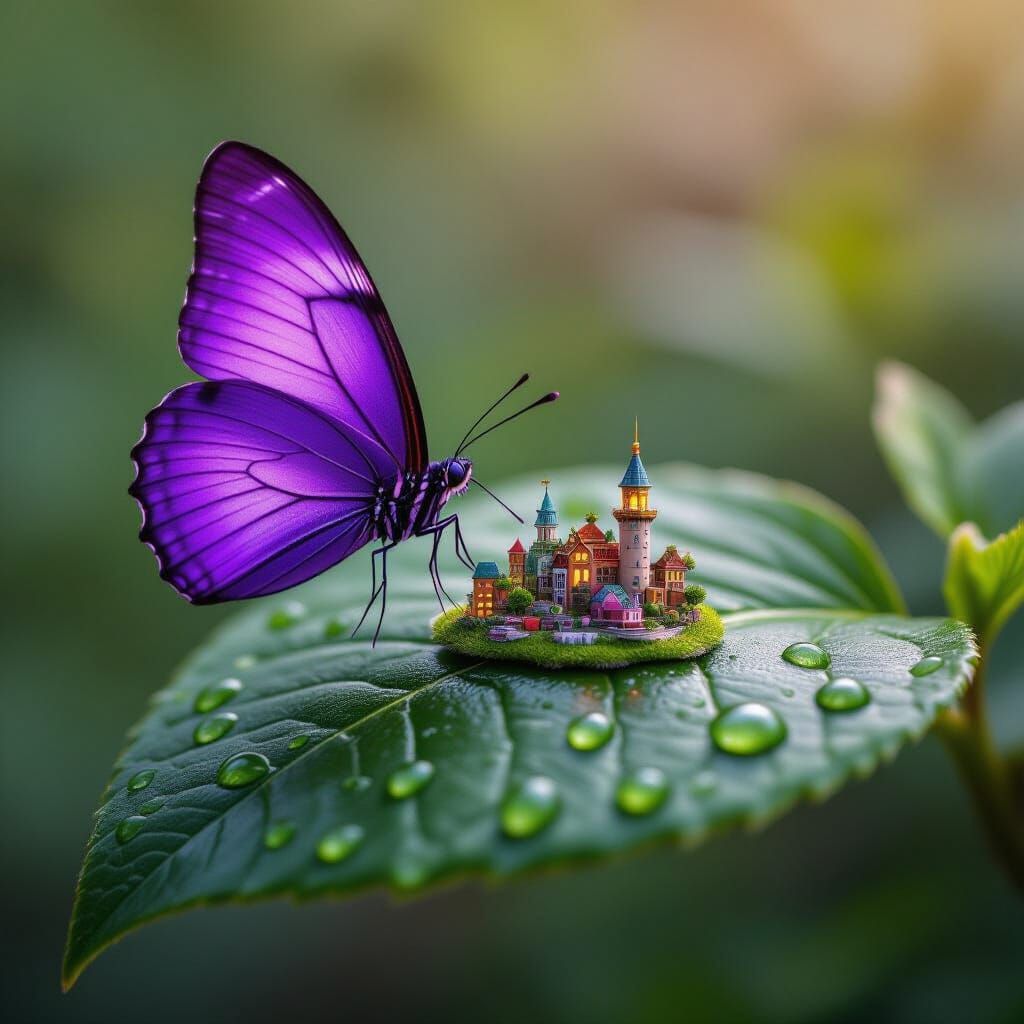Neon Purple Butterfly Approaches Miniature Town on Leaf