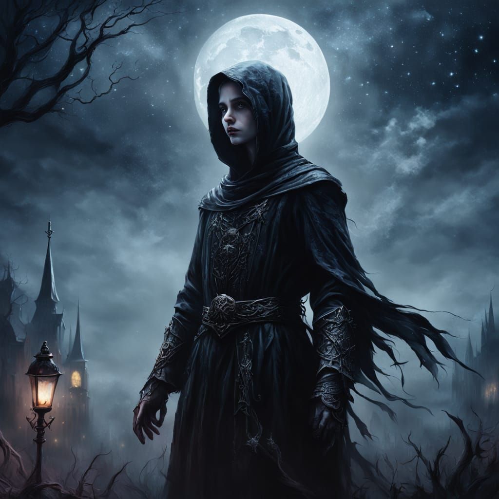 Mystical Figure in Gothic Dark Fantasy Night